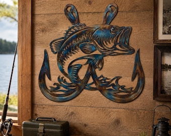 Metal Bass Fish Sign, Fishing Hook Wall Hanging, Cabin Lodge Garage Decor For Fisherman
