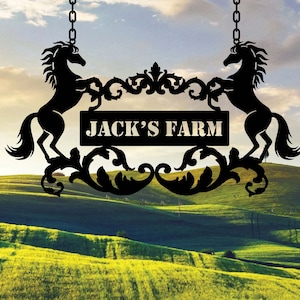 Letrero personalizado de rancho de caballos de metal, letrero personalizado con nombre de granja, letrero de granero de caballos de metal, arte de pared de metal de rancho de caballos, letrero de granja de metal, regalo para amantes de los caballos