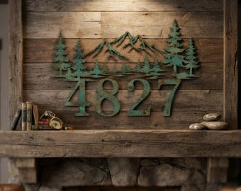 Custom House Number Sign, Personalized Mountain Metal Decor, Pine Forest Address Plaque, Rustic Cabin Wall Art, Outdoor Home Gift