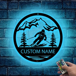 Custom Skiing Metal Sign Skiing Metal Art LED, Personalized Skiing Wall Decor,Skier Gift,Skiing Lover Gift,Ski Home Decor,Snow Skiing Sign