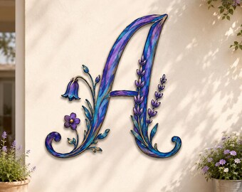 Floral Monogram Metal Sign, Letter D Wall Art, Blue Lavender Initial Decor For Porch Garden