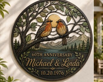 Custom 60th Anniversary Sign, Personalized Bird Couple Wall Art, Round Metal Nature Decor, Wedding Date Keepsake Gift