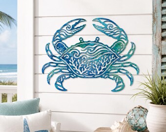 Coastal Crab Metal Sign, Ocean Animal Wall Art, Nautical Home Decor For Beach Bathroom