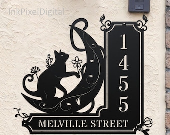 Personalized Black Cat On The Moon House Number Metal Wall Art, Personalized Address Sign Home Decor, Address Number Sign, Housewarming Gift
