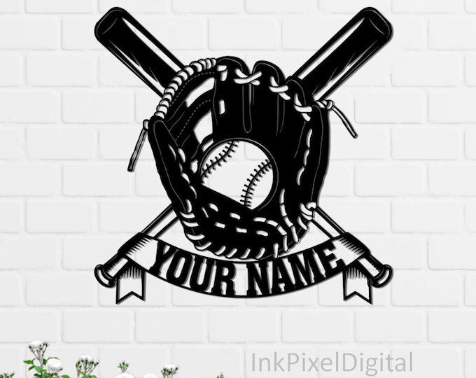 Art mural personnalisé en métal de batte de swing de baseball, signe de baseball, baseball en métal, nom de joueur de baseball personnalisé, cadeau de joueur de baseball