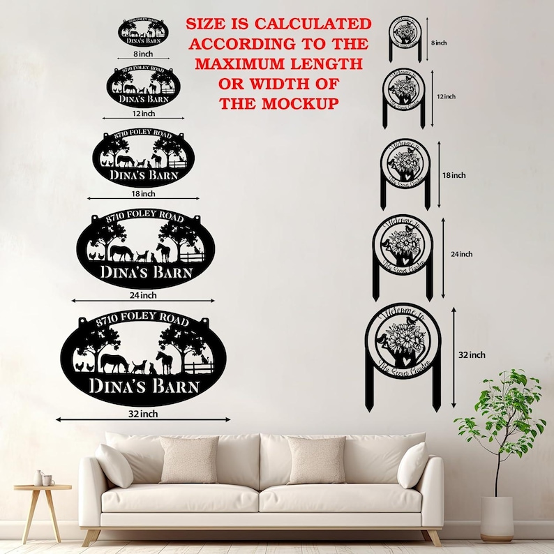 May include: Black metal signs with various designs, including a barn scene and a sunflower motif. Sizes range from 8 inches to 32 inches in length. The signs feature the text "Dina's Barn" and "8710 Foley Road".