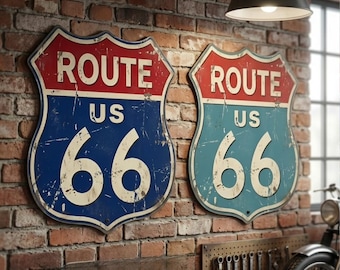 Rustic Route 66 Sign Metal, Retro Road Wall Decor, Vintage Americana Garage Art