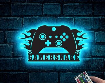 Personalized Gamer Name Sign, Game Controller Metal Wall Art with LED Lights