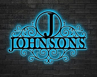 Custom Family Name LED Sign, Personalized Monogram Wall Decor