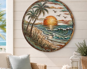 Beach Sunset Metal Wall Decor, Palm Tree Ocean Wall Art, Coastal Tropical Sculpture, Seaside Home Outdoor Decor