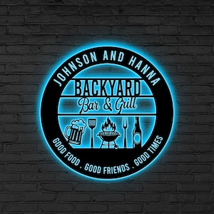 Custom LED Bar & Grill Sign, Personalized Backyard BBQ Neon, Glowing BBQ Bar Grill Sign, Outdoor Kitchen, Bbq sign, Neon grill sign,Dad Gift