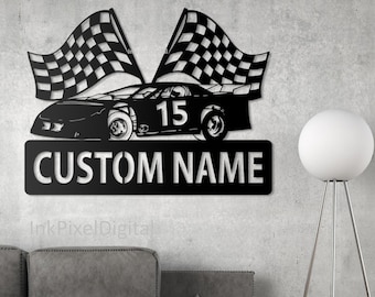 Custom Race Car Custom Name Metal Sign, Race Car Sign, Dirt Track Racing Sign, Race Checkered Flag Name Sign Racing Flag Metal Dad Gift