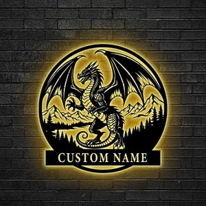 Custom Dragon Metal Led Light, Mythical Beast Metal, Dragon Mountain Scene Sign, Dragon lover gift, Medieval wall, Animal Sign, Dragon metal
