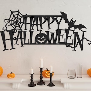 Happy Halloween Metal Wall Sign Spooky Decor with Bat, Spider Web & Pumpkin Halloween Wall Art Happy Halloween Wall Decor Halloween Decor
