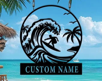 Custom Surfer Metal Sign, Surfing Ocean Wave Name Sign, Beach Wall, Surfer Sign for Beach, Tropical Surfboard, Gift for son, Coastal decor