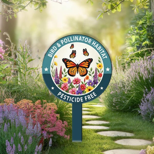 Bird & Pollinator Habitat Sign, Gift for mom, Bird Friendly Sign,Yard butterfly,Monarch Butterfly Lawn Sign, Pesticide Garden Yard,Bird Sign