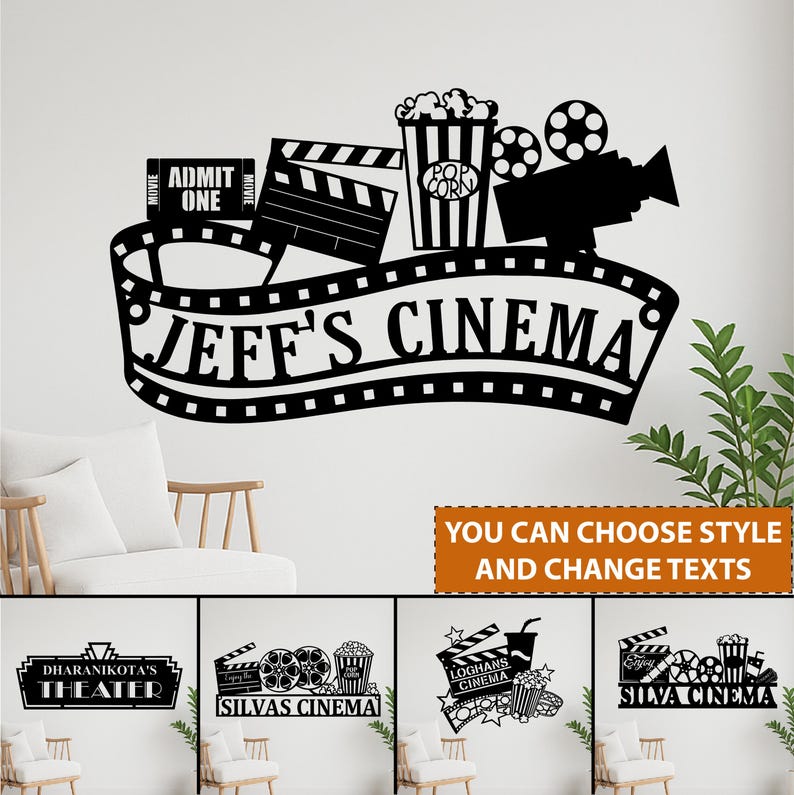 May include: Black metal cinema sign with the text "JEFF'S CINEMA". The sign features movie-themed icons like a film clapper, popcorn, film reel, and a vintage movie camera. The sign also includes the text "YOU CAN CHOOSE STYLE AND CHANGE TEXTS".