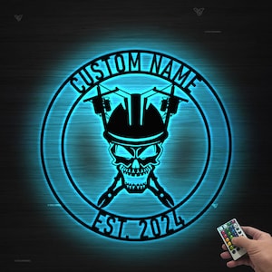 Personalized Lineman Metal Wall Art LED Light, Custom Lineman Name Sign Decoration For Room,Lineman Metal LED Decor,Metal Lineman Skull Art