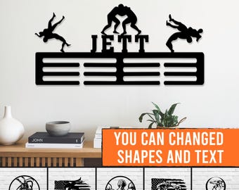 Aangepaste worstelmedaillehouder, gepersonaliseerd naammuurrek, sport voor worstelaar, cadeau voor papa, atleetcadeau, display worstelaar, worstelmuur