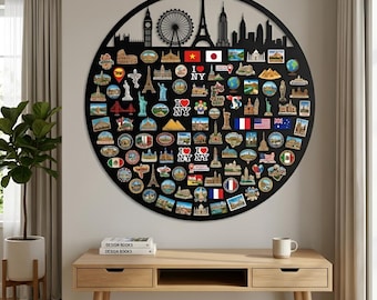 Round Travel Magnet Board, World Landmark Souvenir Display for Fridge Magnet Collection