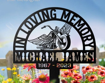 Custom Rider Memorial Metal Stake, Biker Memorial Stake, Motorcycle with Wings Metal Sign, Biker Name Sign, Loss of Loved One, Grave Marker