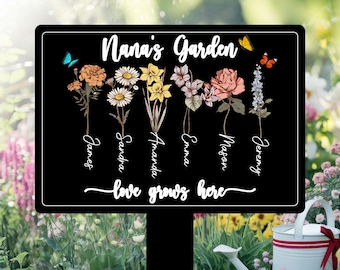 Personalized Metal Garden Sign Custom Garden Name Sign with Flower, up to 12 Flower Options