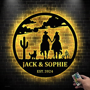Benutzerdefinierte Cowboy Cowgirl Paar Metall Wand Kunst LED-Licht Personalisierte Cowboy Namen Zeichen Wohnkultur Pferd Scheune Kinderzimmer Dekor Paar Geschenk