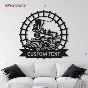 Arte de pared de metal con tren personalizado, decoración de pared de ferrocarril, letrero de ferrocarril, regalo de cumpleaños para hijo, regalo de conductor de tren, regalo de inauguración de la casa, decoración del hogar