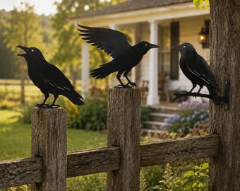 Black Crow Outdoor Metal Art, Fence Post Bird Sculptures, Raven Tree Bracket, Farmhouse Garden Decor Set