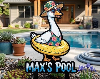 Personalized Duck Pool Sign Garden Stake, Custom Name Pool Decor, Funny Summer Yard Art