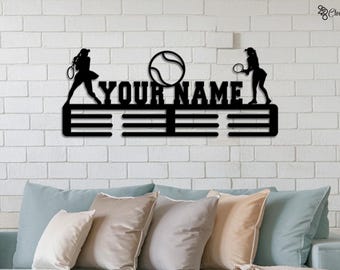 Aangepaste hanger tennismedaille, gepersonaliseerd naamrek met vrouwelijke speler, medaille vrouwelijke tennisser, cadeau voor dochter, hanger voor meisjes