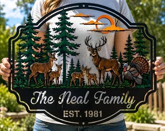 Personalized Deer Family Sign, Custom Last Name Metal Sign, Woodland Hunting Decor, Established Year Plaque, Rustic Cabin Gift