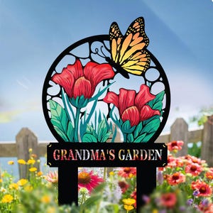 Personalized Garden Sign, Butterfly and Flower Metal Yard Decor, Gift for mom, Butterfly Garden Sign,Garden Decor Gift,Metal Flower Yard Art