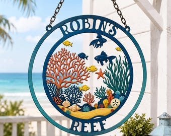 Custom Coral Reef Metal Sign, Personalized Coastal Family Name Wall Art, Beach House Hanging Decor