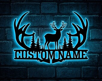 Custom Deer Hunting Metal Sign Led Lights, Custom Cabin Name Sign, Deer Hunter Name Sign, Hunting Sign Hunter's Gift, Cabin Decor Xmas Gift