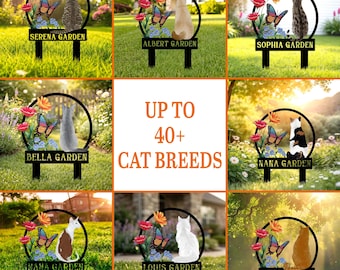 Custom Cat Garden Sign with Name, Personalized Yard Stake, Pet Lover Gift, Floral Butterfly Garden Decor