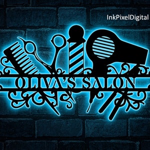 Lampe LED d&#39;art mural en métal personnalisée pour salon de coiffure, plaque en métal pour salon de coiffure, plaque nominative personnalisée pour coiffeur, cadeau pour coiffeur, décoration pour salon de coiffure