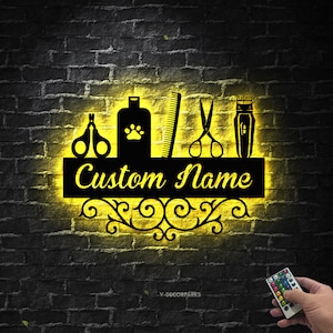Custom Dog Grooming Hair Salon Metal Wall Art LED Light Personalized Groomer Name Sign Home Decor Pet Barber Shop Decor Pet Grooming Sign