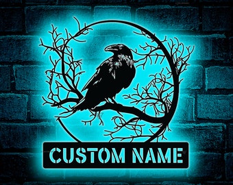 Custom Crow Metal Sign LED Light,Raven Sign,Personalized Black Crow Name Sign,Metal Crow Wall Art,Raven Decor Home Decor, Gift for dad
