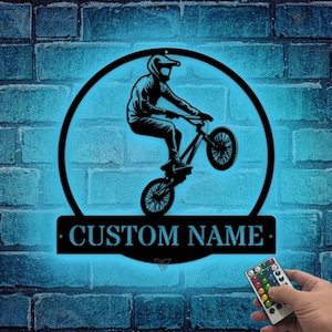 BMX Biker Metal Wall Art LED Lights, Custom BMX Cycle Sport Metal Sign, Bmx Biker Neon Sign, Bicycle Sign Metal Wall Decor, Biker Name Sign