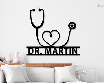 Letrero personalizado con nombre de médico, estetoscopio, decoración médica