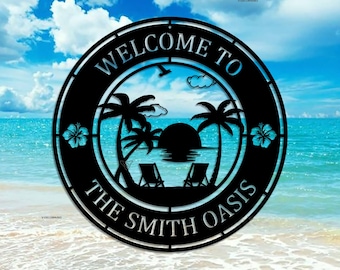 Personalized Tropical Patio Metal Sign, Custom Backyard Pool Sign, Poolside Metal Sign, Aloha Palm Tree Decor, Beach House Decor, Oasis Sign