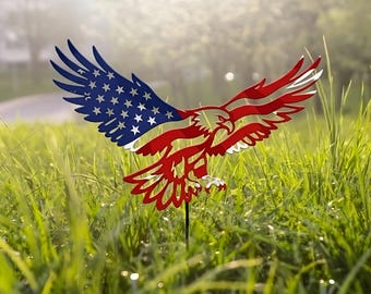 Decoración de jardín con águila patriótica, estaca metálica con la bandera estadounidense, arte para exteriores de EE. UU.