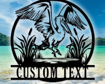 Letrero metálico personalizado de pelícano blanco con nombre personalizado para decoración de cabaña
