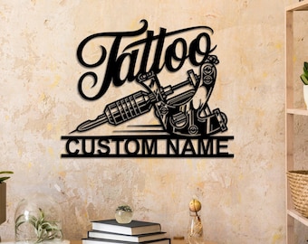 Letrero personalizado para estudio de tatuajes, decoración de pared con máquina de tatuajes, arte mural para artistas, regalo para hijo, nombre de tienda de tatuajes, letrero de tienda de tinta, regalo para amantes de los tatuajes.
