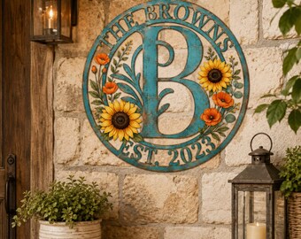 Floral Monogram Metal Wall Art, Custom Last Name Sign, Rustic Sunflower Housewarming Gift