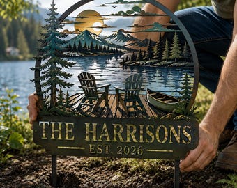 Custom Lakeside Metal Sign, Personalized Family Name Decor, Mountain Cabin Yard Sign, Rustic Outdoor Lake House Gift