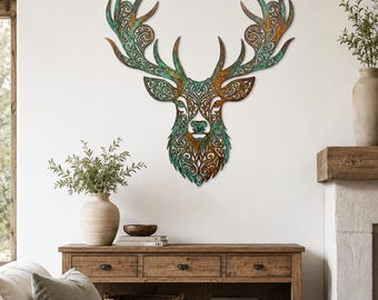 Deer Head Metal Wall Art, Rustic Antler Wall Decor, Turquoise Patina Stag Sculpture, Western Lodge Farmhouse Home Decor