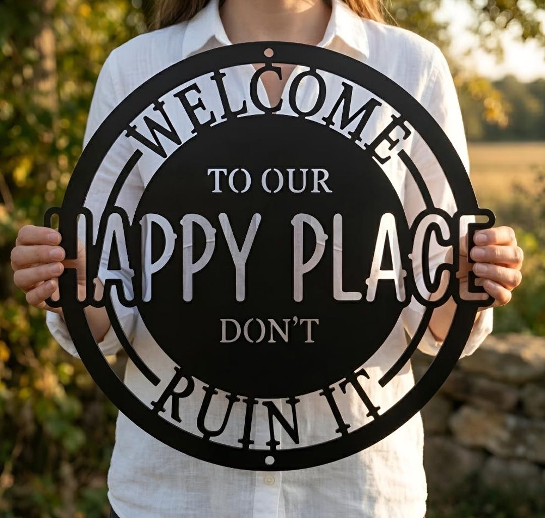 Funny Welcome Sign Happy Place – Farmhouse Metal Wall Art, Porch Decor ...