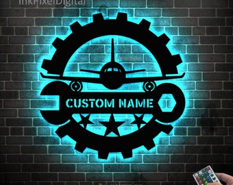 Custom Aircraft Mechanic Metal LED Sign, Personalized Wall Decor